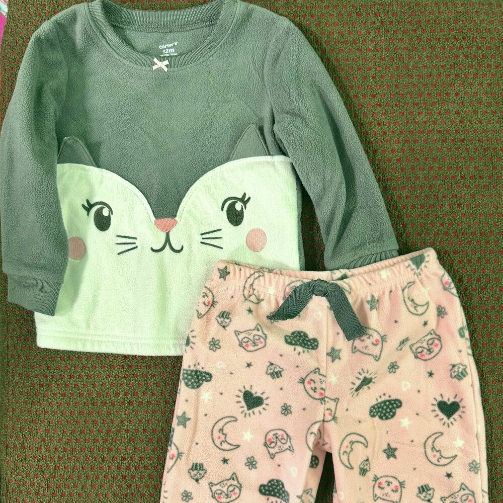 Carter's Girls 12M Fleece Kitty Cat Pajama Set Gray Pink 2 Piece Cozy EUC